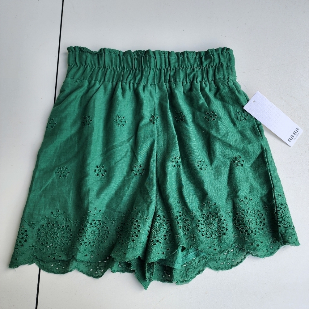 NWT Deja Bleu Cotton Eyelet Shorts Women Green Pullon Elastic Waist Sz L